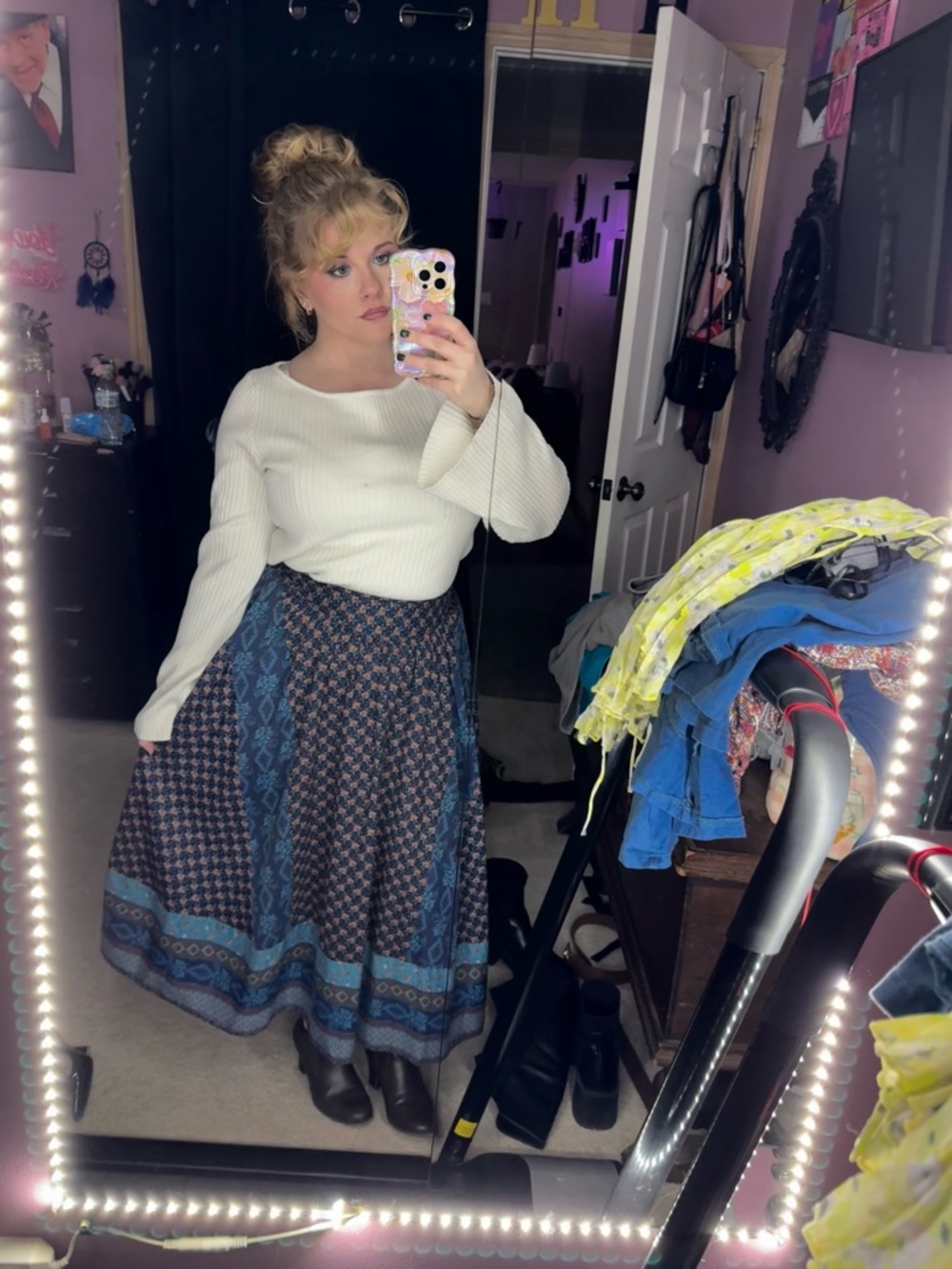 Vintage Blue Patterned Midi Skirt - Women's